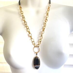 Stone Pendant on Long Gold Chain Leatherette